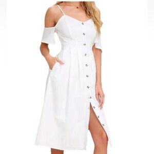 Lulus Women’s S White Cold Shoulder Button Up Dress Lined Casual Travel Elegant